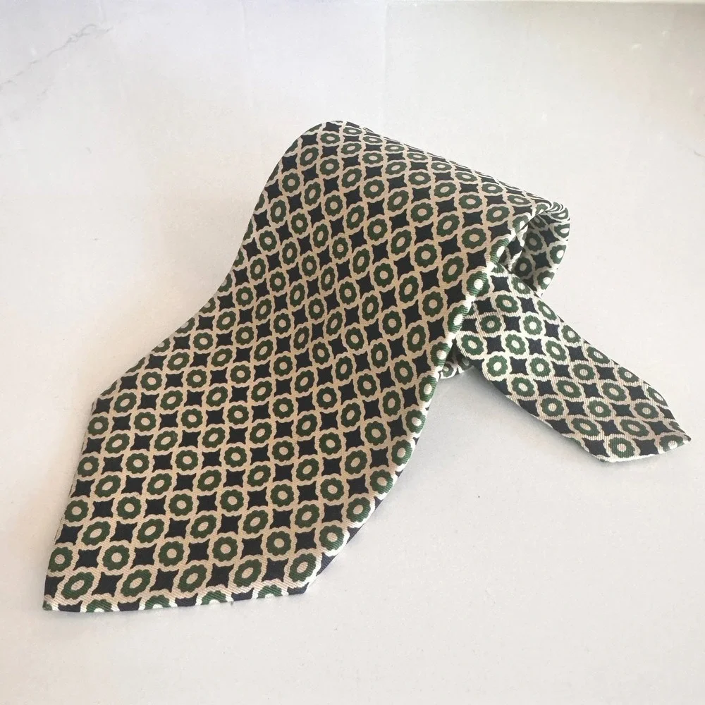 J.Crew Necktie Mens OS Green Navy‎ Geometric Medallion 100% Silk Hand Made USA